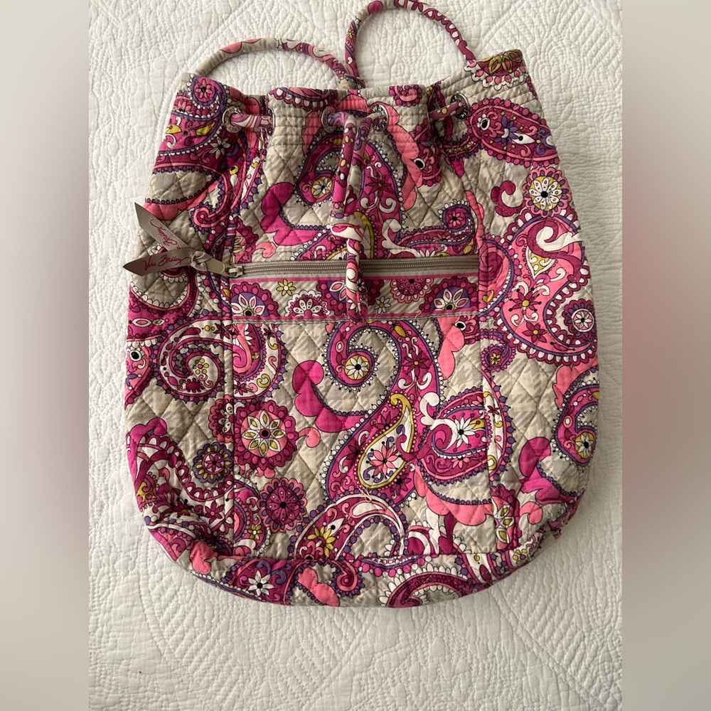 Vera Bradley Paisley Meets Plaid Drawstring Backpack. Pinks/greys. Very nice!